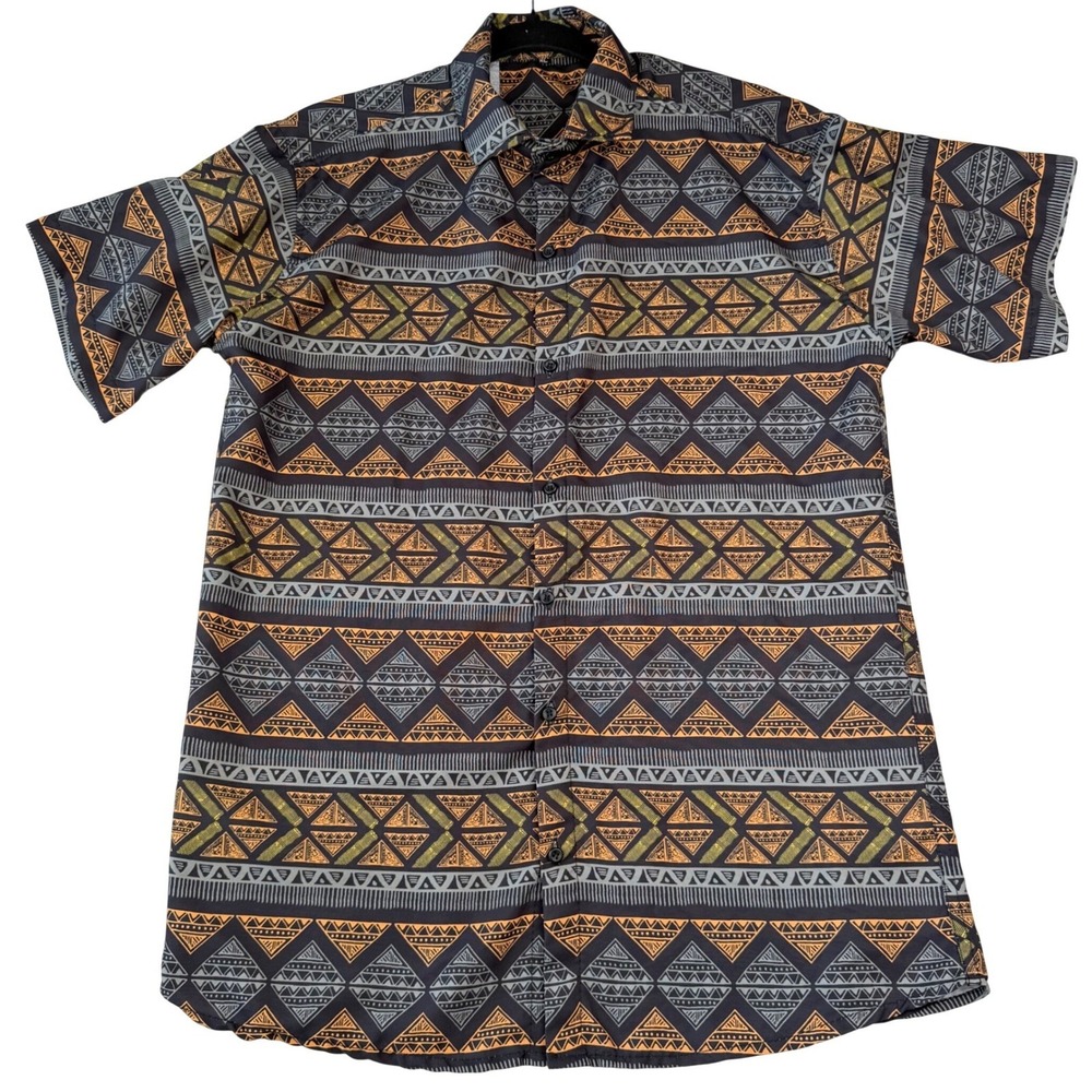 Mens Tribal Print Button Down Shirt Short Sleeve Orange Blue Black XLarge
